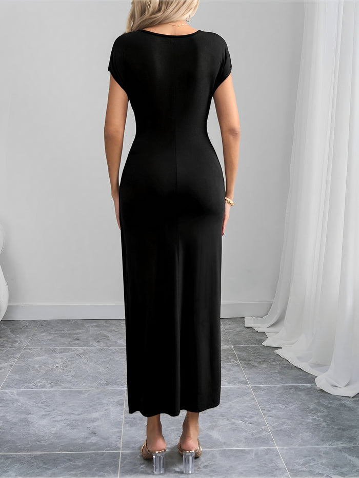 Allegra K Round Neck Solid Color Cap Sleeves Ruched Maxi Dress