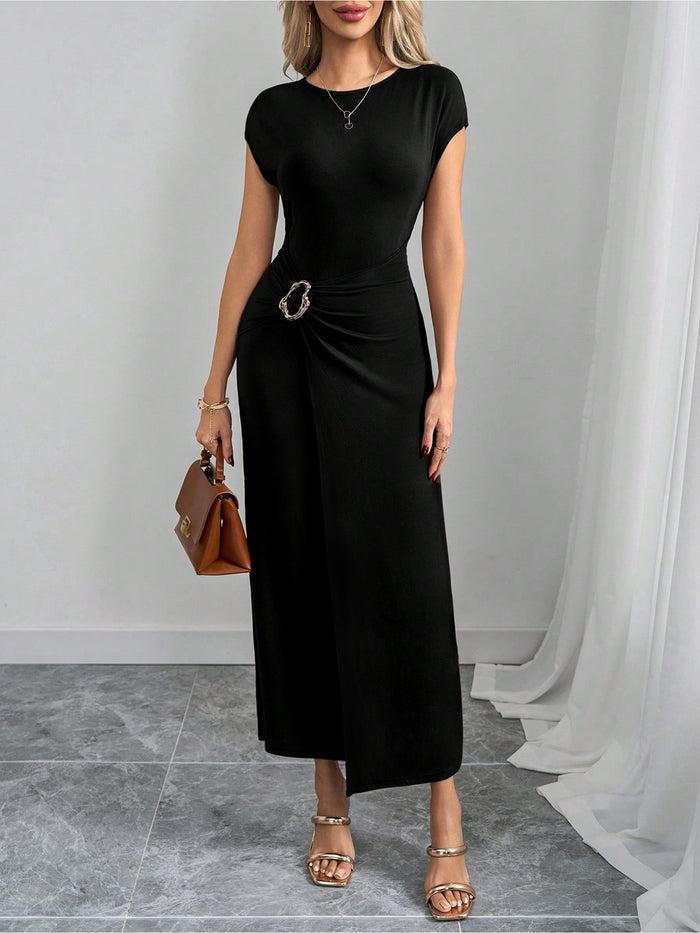 Allegra K Round Neck Solid Color Cap Sleeves Ruched Maxi Dress