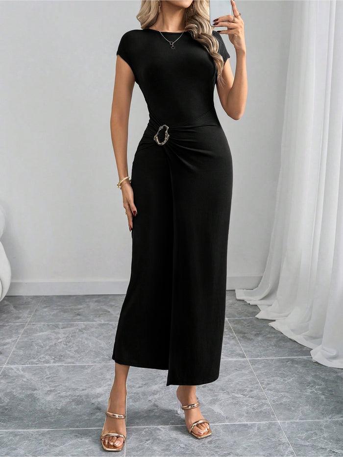 allegra k Round Neck Solid Color Cap Sleeves Ruched Maxi Dress