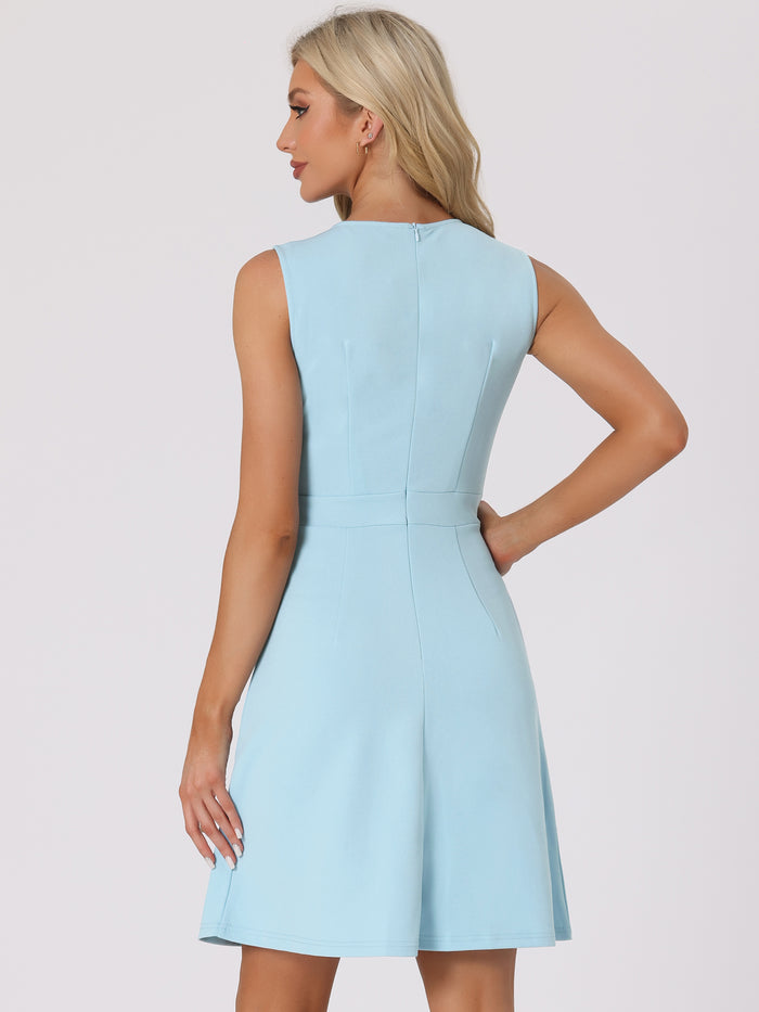 Allegra K Round Neck Solid Color Sleeveless A-Line Work Midi Dress