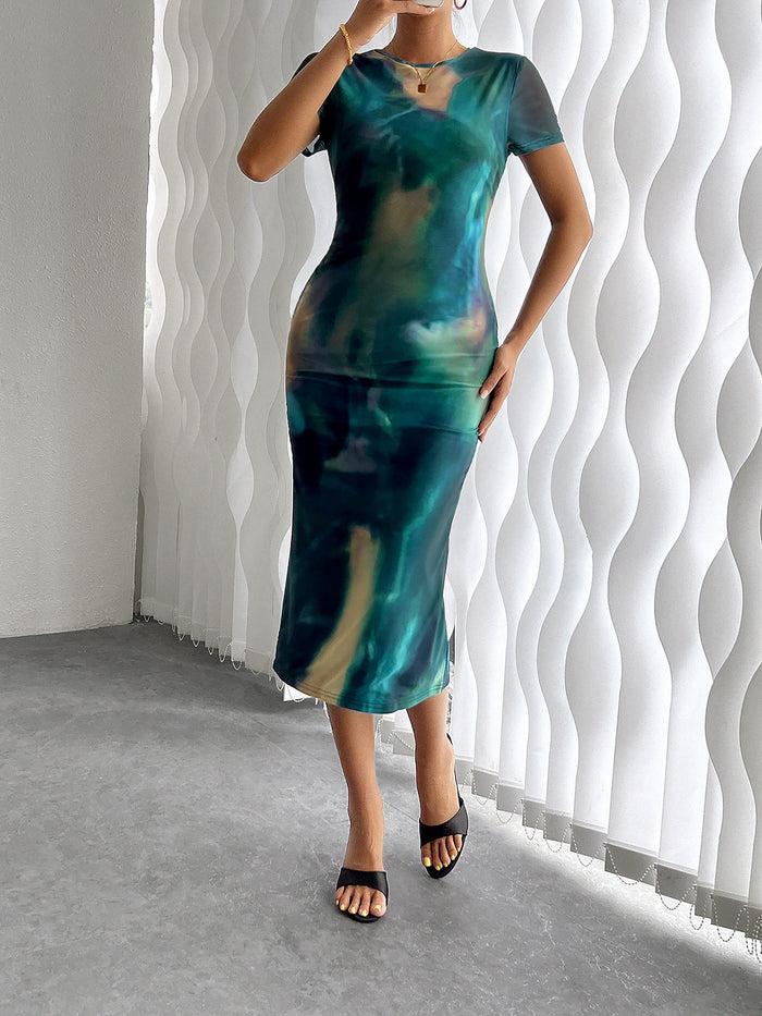 Allegra K Round Neck Tie-Dyed Short Sleeves Midi Dress