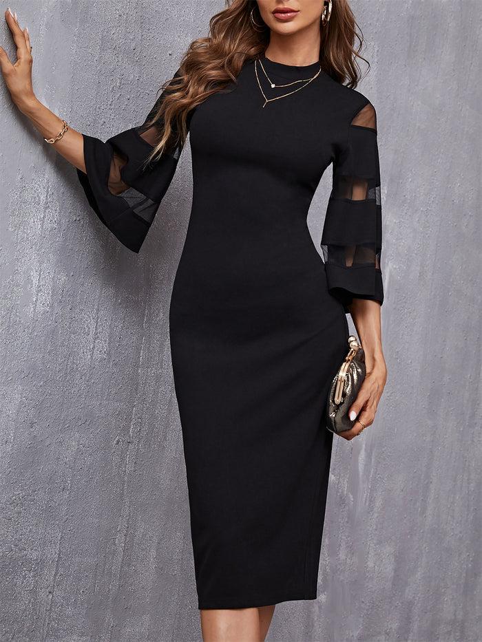 Allegra K Round Neck Trumpet Sleeves Bodycon Midi Dress