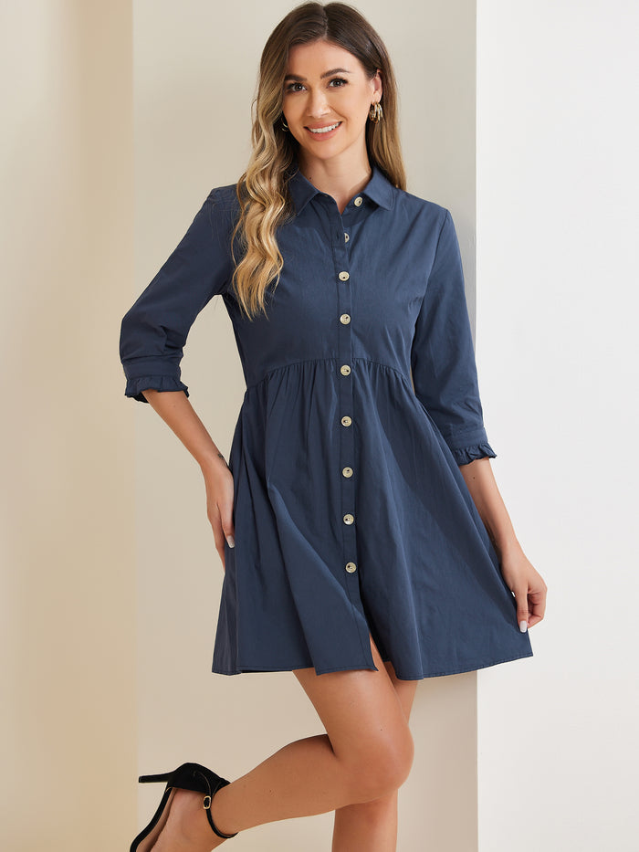 Allegra K Ruched 3/4 Sleeve Button Up Casual Mini Shirt Dress