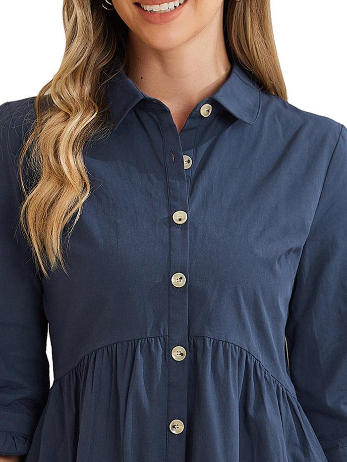 Allegra K Ruched 3/4 Sleeve Button Up Casual Mini Shirt Dress