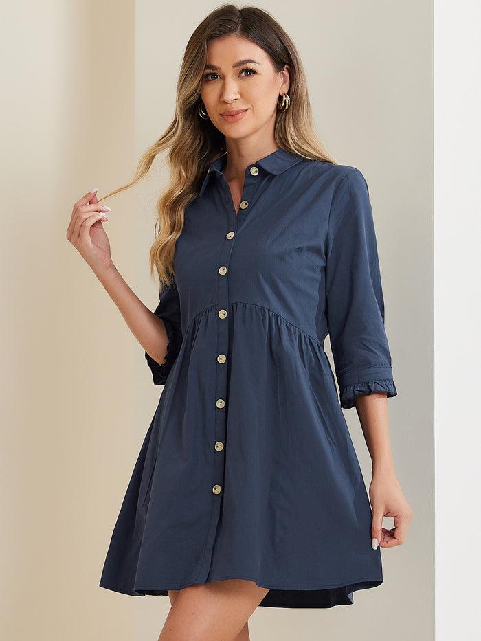 allegra k Ruched 3/4 Sleeve Button Up Casual Mini Shirt Dress