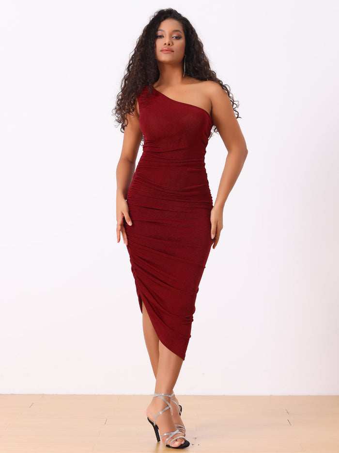 allegra k Ruched Bodycon Sleeveless One Shoulder Irregular Hem Prom Midi Dress