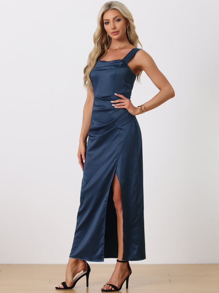 allegra k Ruched Front Wedding Guest Wide Straps Party Slit Maxi Satin Dress