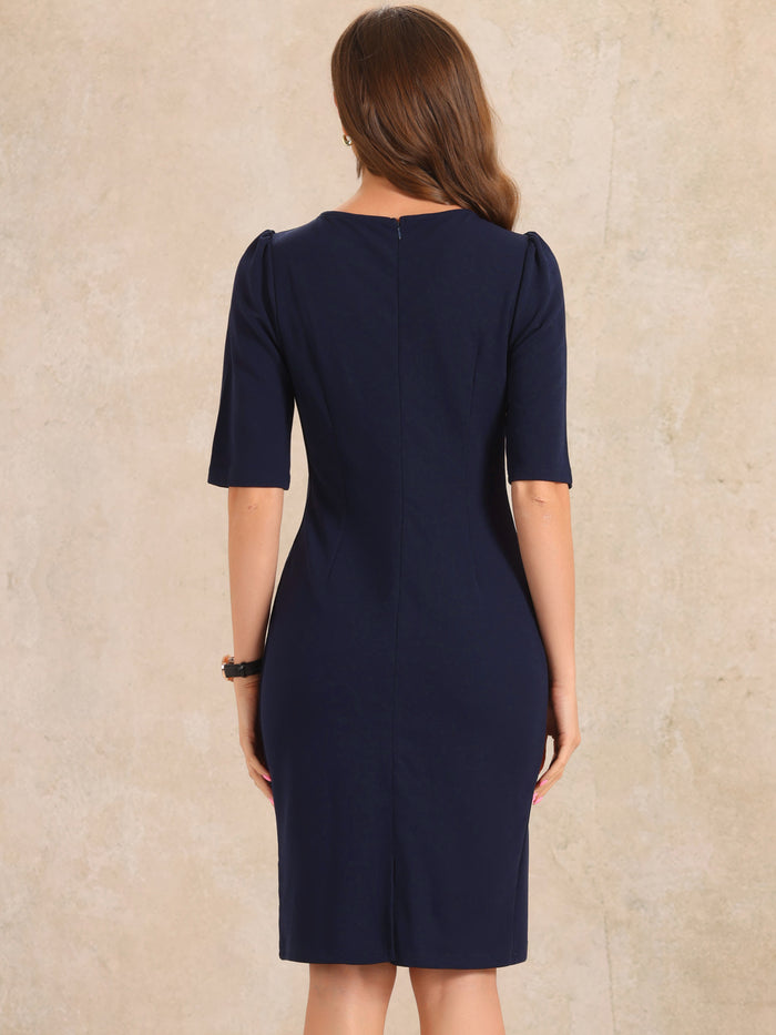 Allegra K Ruched Puff Short Sleeve Work Sheath Midi Dress