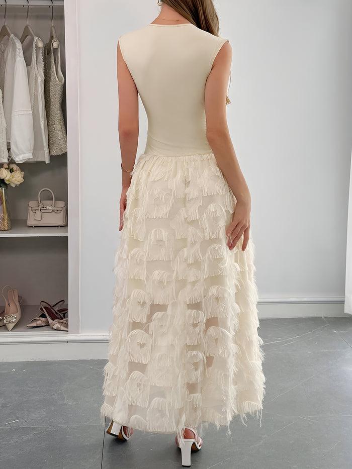 Allegra K Ruched V Neck Sleeveless Tasseled Maxi A-Line Dress