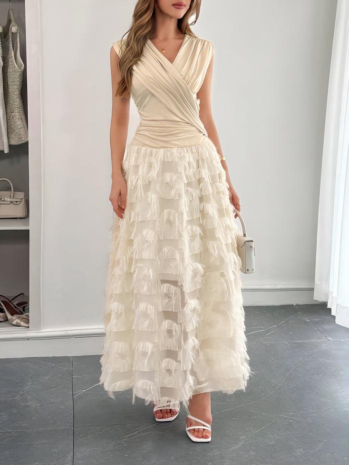 Allegra K Ruched V Neck Sleeveless Tasseled Maxi A-Line Dress