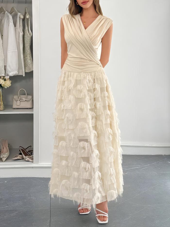 Allegra K Ruched V Neck Sleeveless Tasseled Maxi A-Line Dress