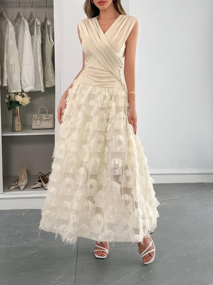 allegra k Ruched V Neck Sleeveless Tasseled Maxi A-Line Dress