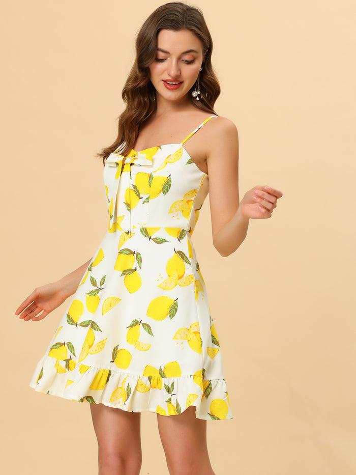 Allegra K Ruffle Bow Knot Mini Sundress Lemon Spaghetti Strap Dress