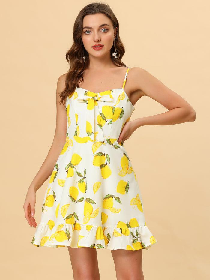 Allegra K Ruffle Bow Knot Mini Sundress Lemon Spaghetti Strap Dress