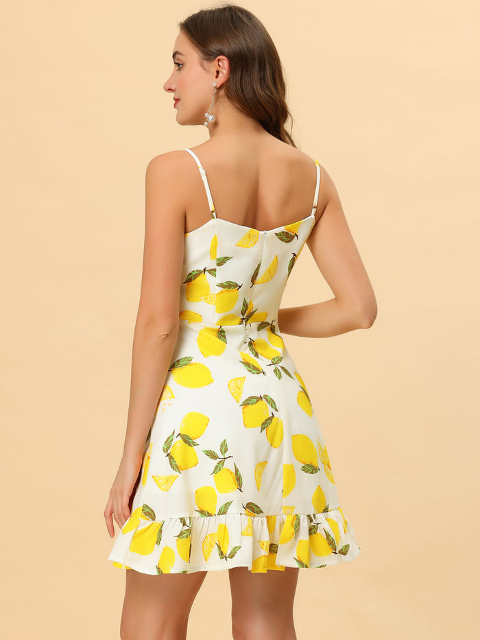 Allegra K Ruffle Bow Knot Mini Sundress Lemon Spaghetti Strap Dress