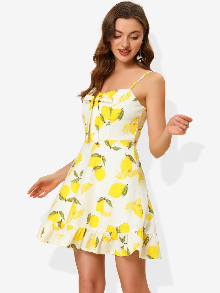 allegra k Ruffle Bow Knot Mini Sundress Lemon Spaghetti Strap Dress