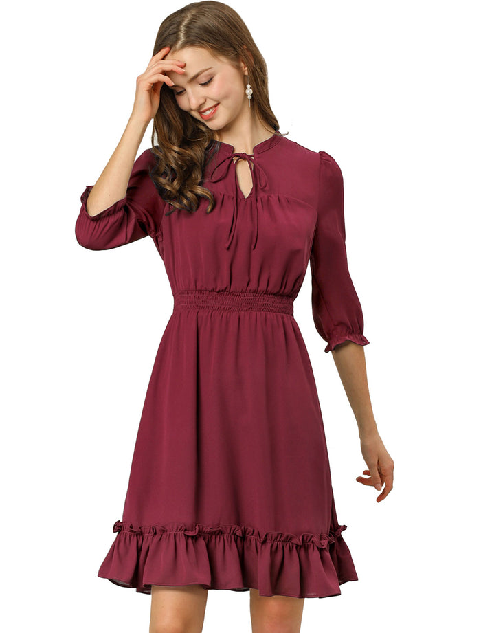 Allegra K Ruffle Hem 3/4 Sleeve A-Line Smocked Midi Chiffon Dress