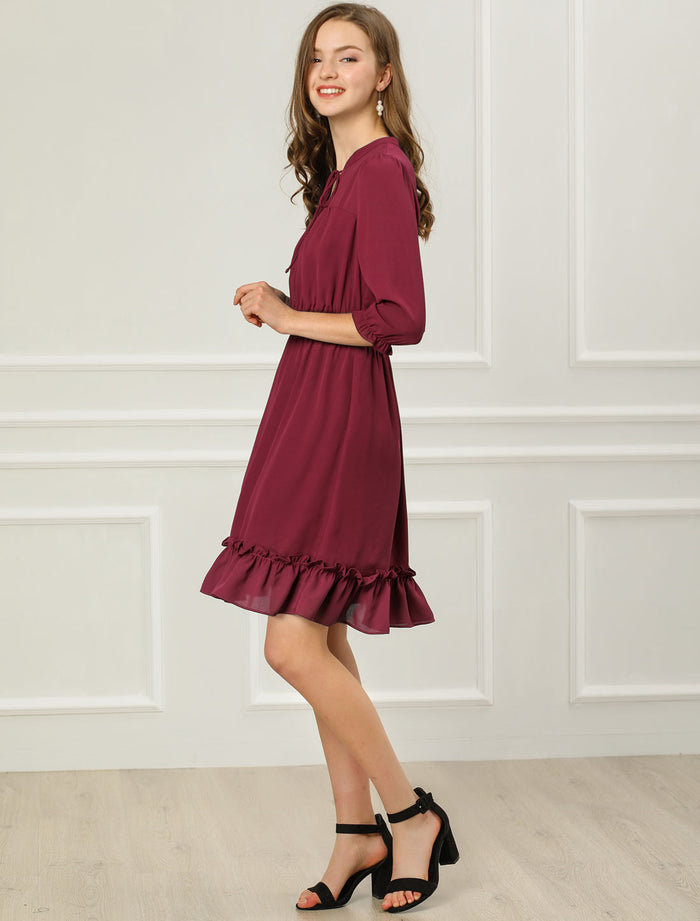Allegra K Ruffle Hem 3/4 Sleeve A-Line Smocked Midi Chiffon Dress