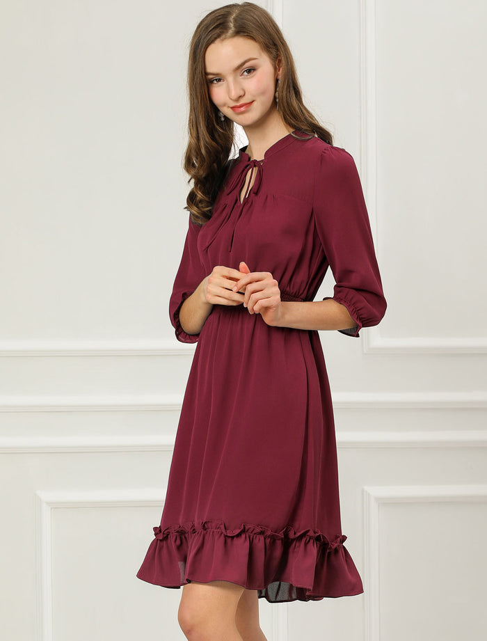 Allegra K Ruffle Hem 3/4 Sleeve A-Line Smocked Midi Chiffon Dress