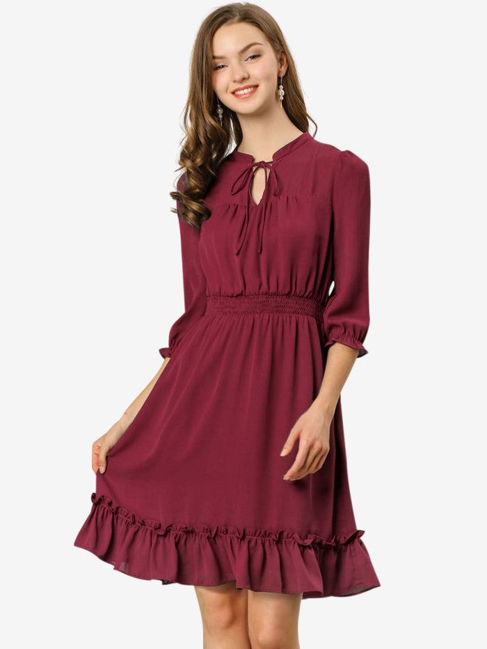 allegra k Ruffle Hem 3/4 Sleeve A-Line Smocked Midi Chiffon Dress
