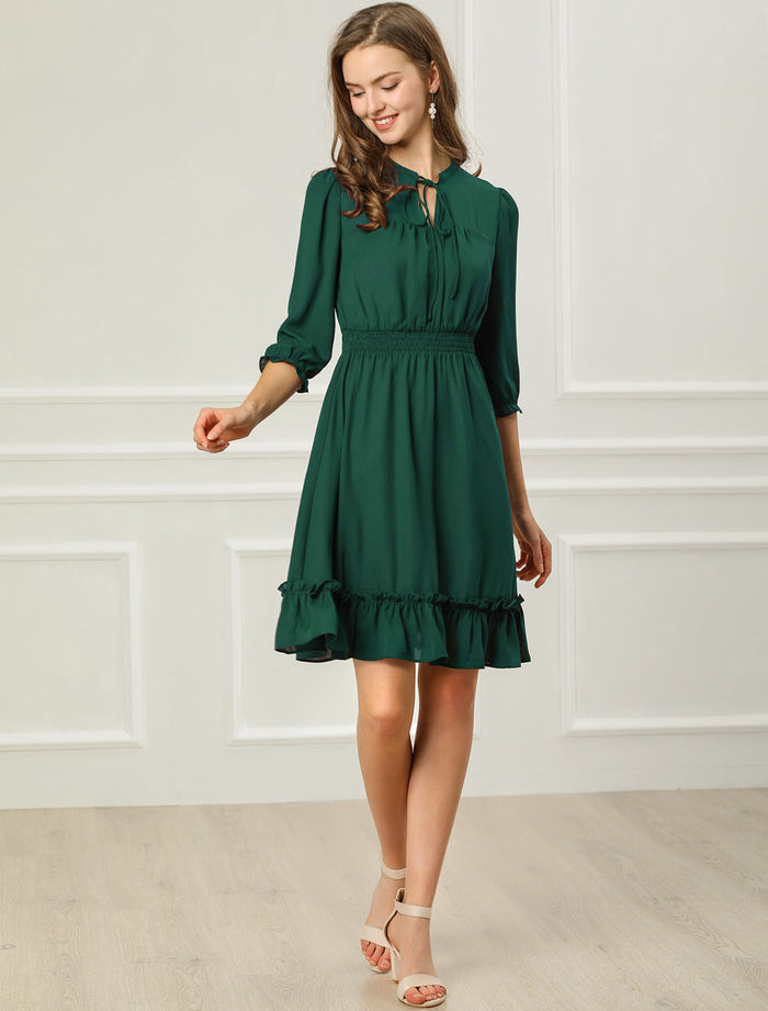 Allegra K Ruffle Hem 3/4 Sleeve A-Line Smocked Short Chiffon Dress