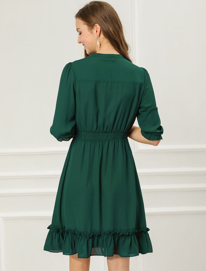 Allegra K Ruffle Hem 3/4 Sleeve A-Line Smocked Short Chiffon Dress