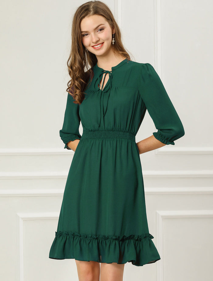 allegra k Ruffle Hem 3/4 Sleeve A-Line Smocked Short Chiffon Dress
