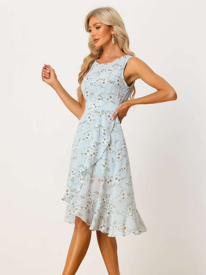Allegra K Ruffle High Low Hem Round Neck Sleeveless Floral Midi Dress