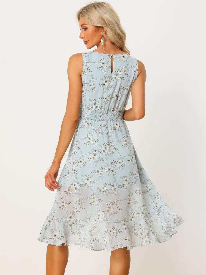 Allegra K Ruffle High Low Hem Round Neck Sleeveless Floral Midi Dress