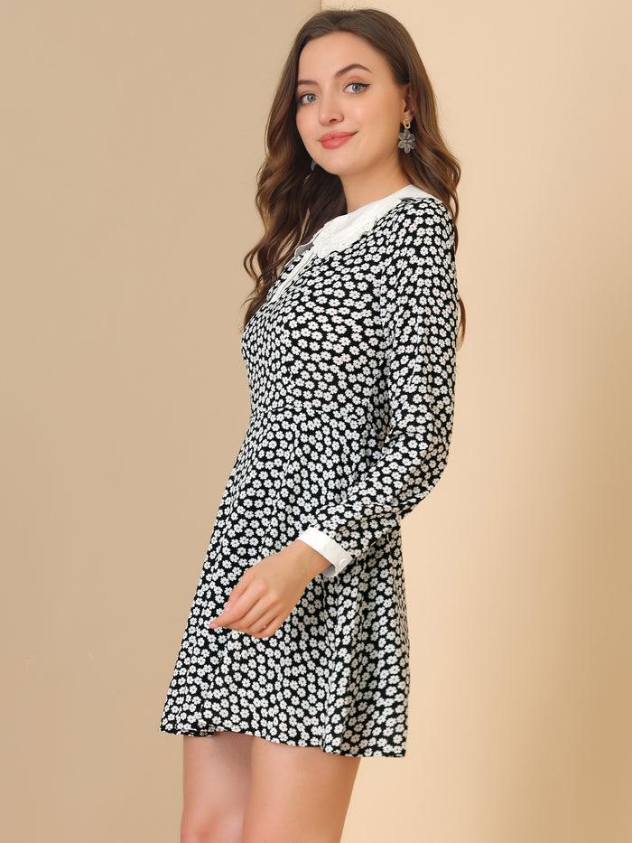 Allegra K Ruffle Peter Pan Collar Button Long Sleeve Floral Mini Dress