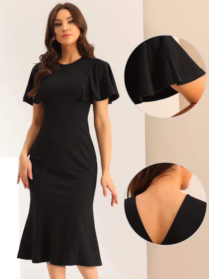 Allegra K Ruffle Sleeve Round Neck Casual Cocktail Party Work Midi Sheath Dress