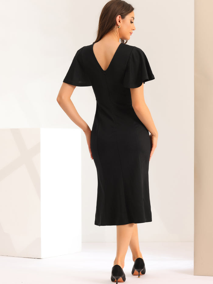 Allegra K Ruffle Sleeve Round Neck Casual Cocktail Party Work Midi Sheath Dress