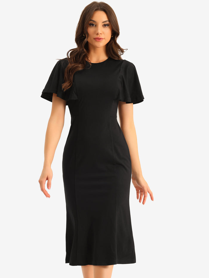 Allegra K Ruffle Sleeve Round Neck Casual Cocktail Party Work Midi Sheath Dress