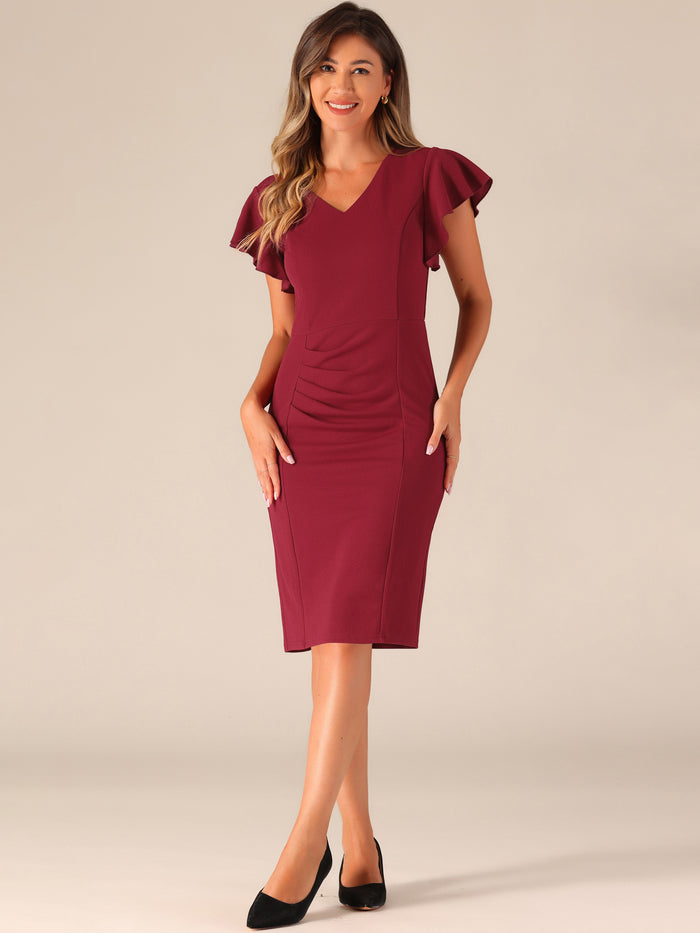 allegra k Ruffle Sleeve Solid V Neck Ruched Front Elegant Bodycon Dress