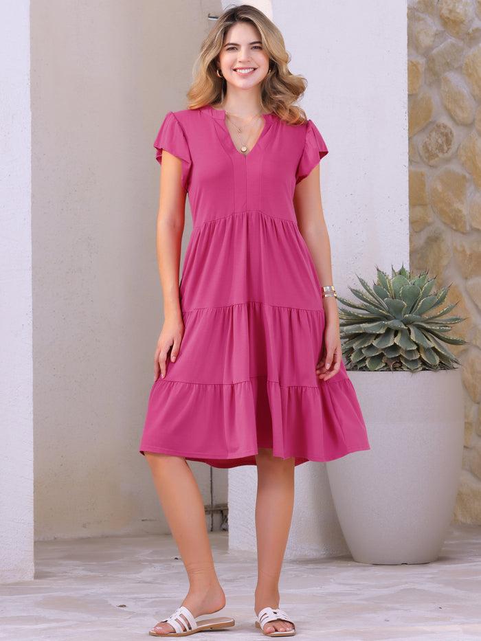 Allegra K Ruffle Sleeve Tiered V Neck Pocketed Midi Dress