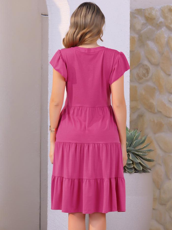 Allegra K Ruffle Sleeve Tiered V Neck Pocketed Midi Dress