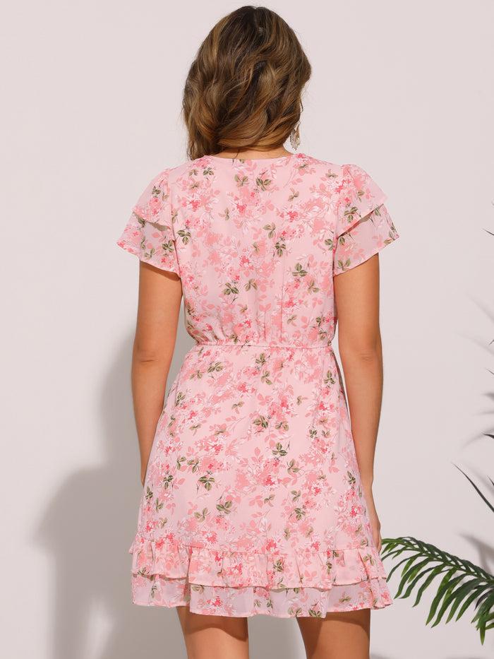 Allegra K Ruffle Sleeve V Neck Above Knee A-Line Floral Chiffon Dress