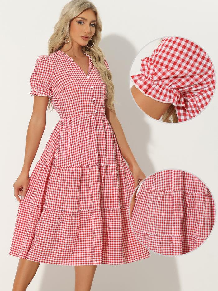 Allegra K Ruffle Trim V Neck Button Decor Plaid Gingham Tiered Midi Dress