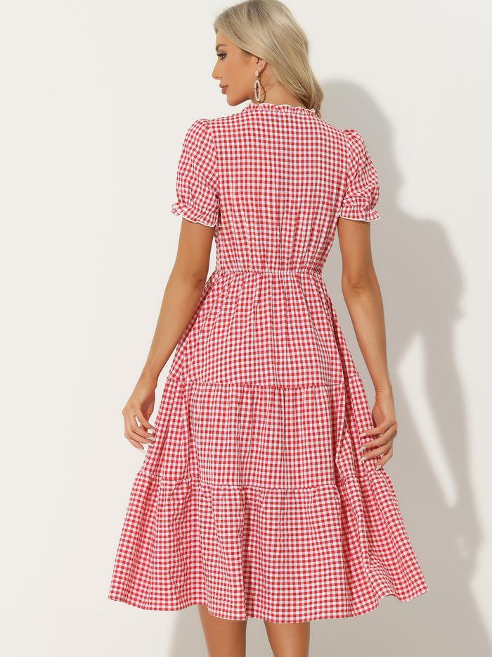 Allegra K Ruffle Trim V Neck Button Decor Plaid Gingham Tiered Midi Dress