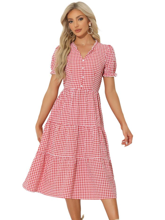 Allegra K Ruffle Trim V Neck Button Decor Plaid Gingham Tiered Midi Dress