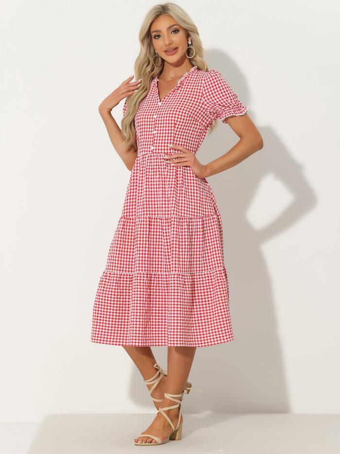 allegra k Ruffle Trim V Neck Button Decor Plaid Gingham Tiered Midi Dress