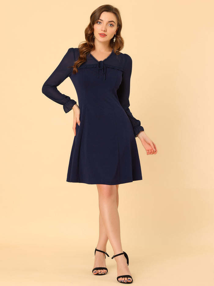 Allegra K Ruffle V Neck Mesh Sheer Panel Long Sleeve Chiffon Mini Dress