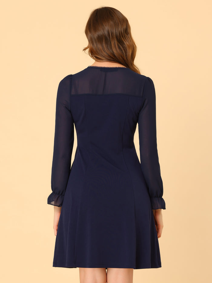 Allegra K Ruffle V Neck Mesh Sheer Panel Long Sleeve Chiffon Mini Dress