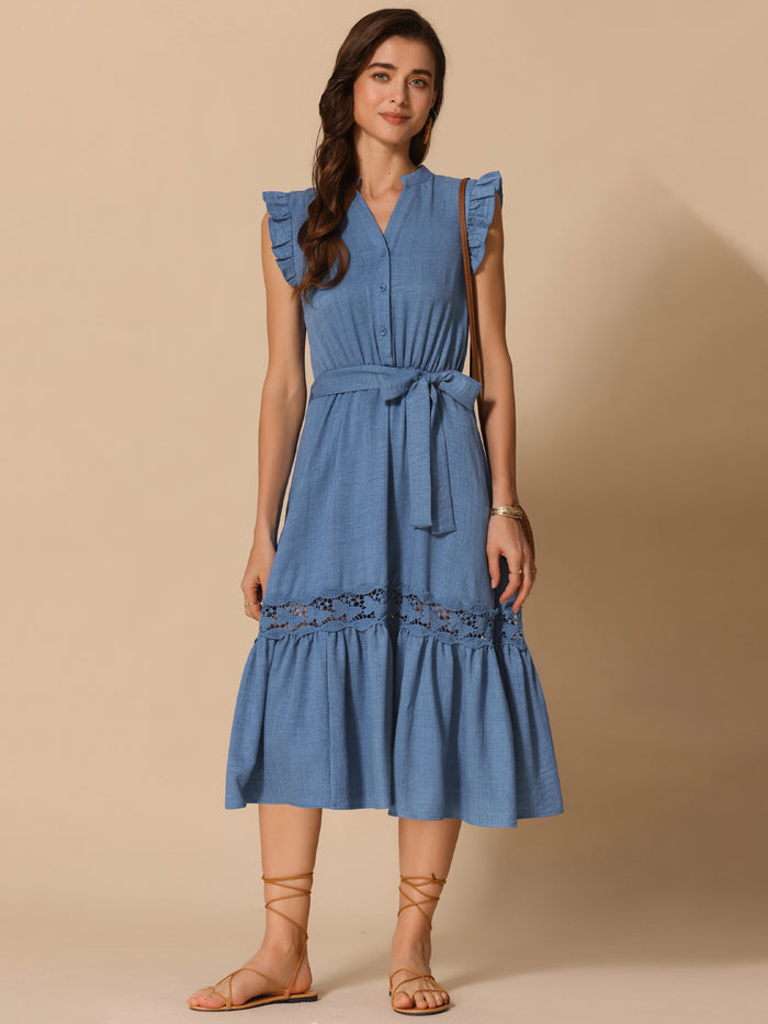 allegra k Ruffled Belted A-Line Flowy Midi Dress Sundress