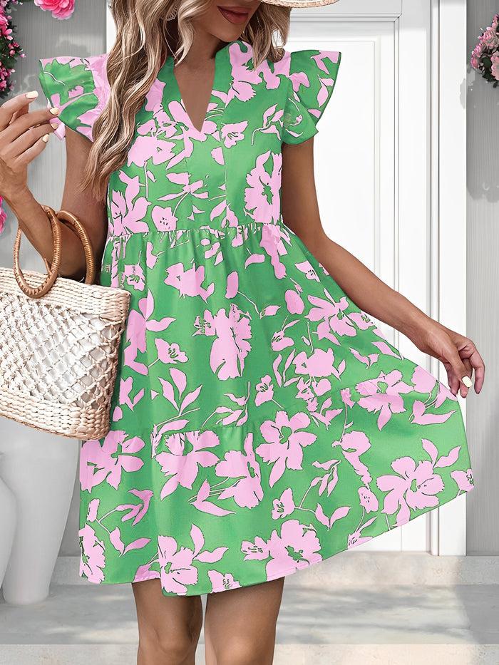 Allegra K Ruffled Cap Sleeves Floral Mini Babydoll Dress