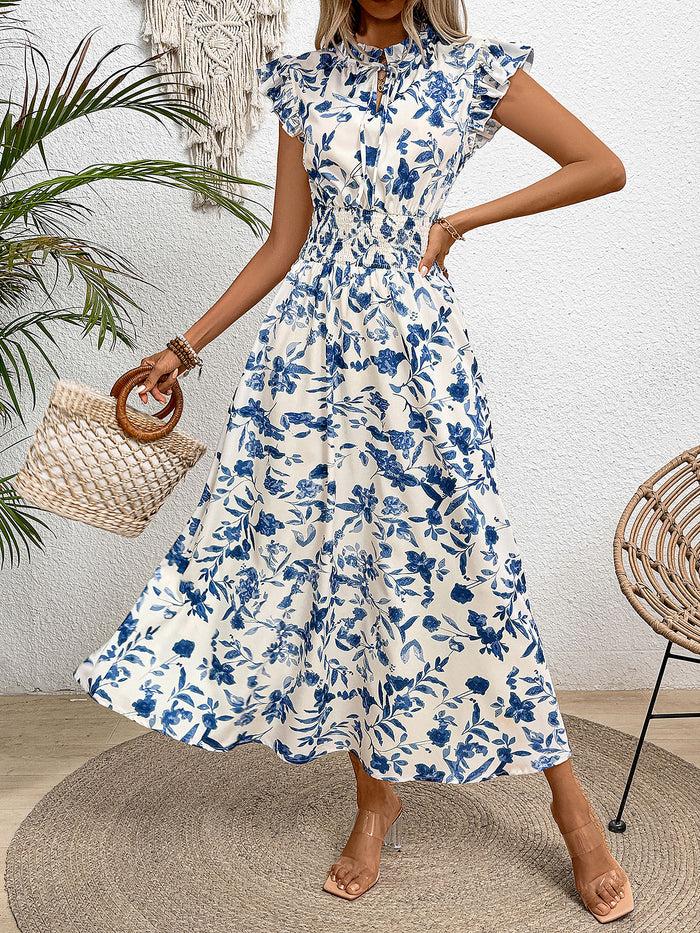 Allegra K Ruffled Cap Sleeves Floral Smocked Waist A-Line Maxi Dress