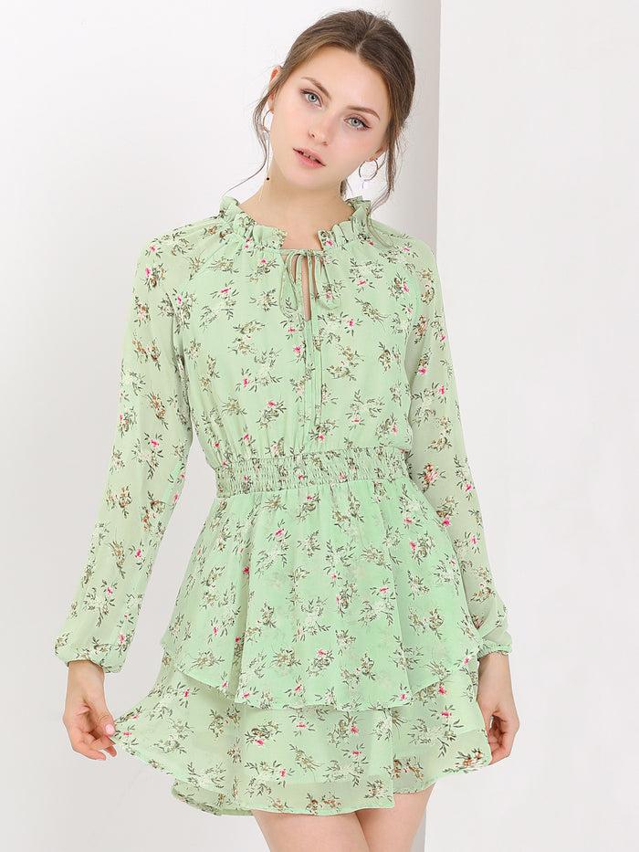 Allegra K Ruffled Floral Smocked Waist Layered Tiered Chiffon Dress