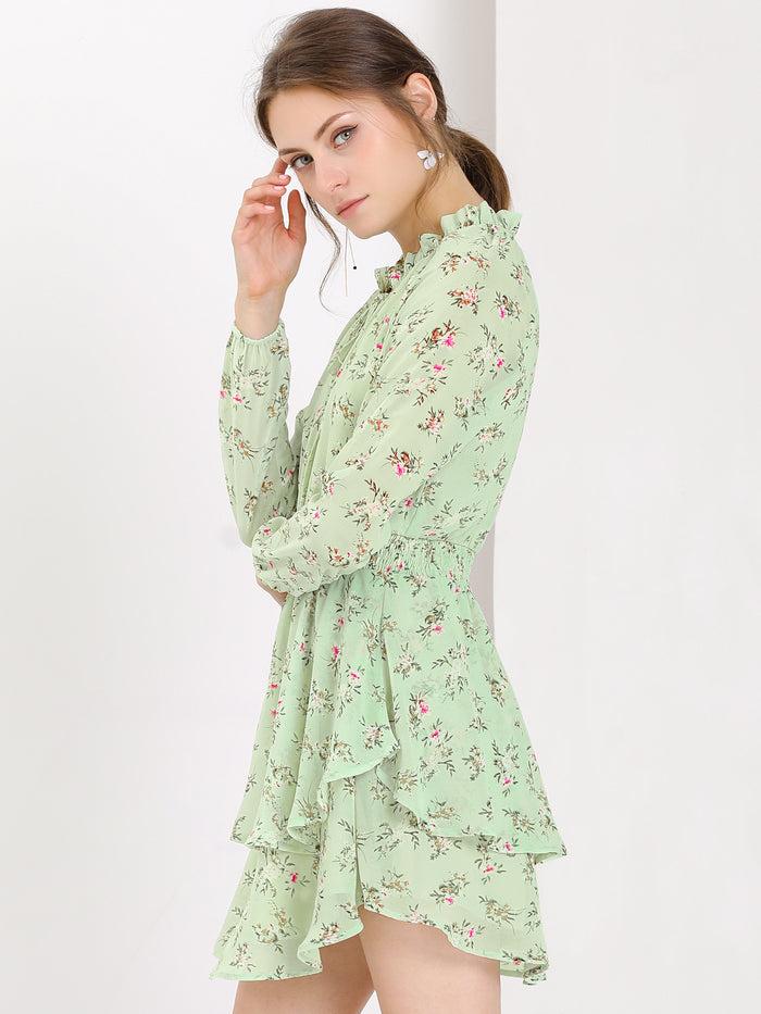 Allegra K Ruffled Floral Smocked Waist Layered Tiered Chiffon Dress
