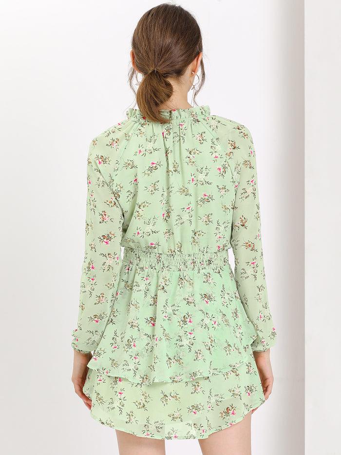 Allegra K Ruffled Floral Smocked Waist Layered Tiered Chiffon Dress
