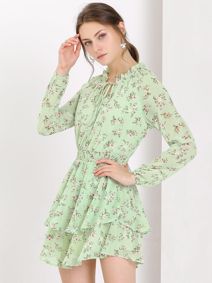 allegra k Ruffled Floral Smocked Waist Layered Tiered Chiffon Dress